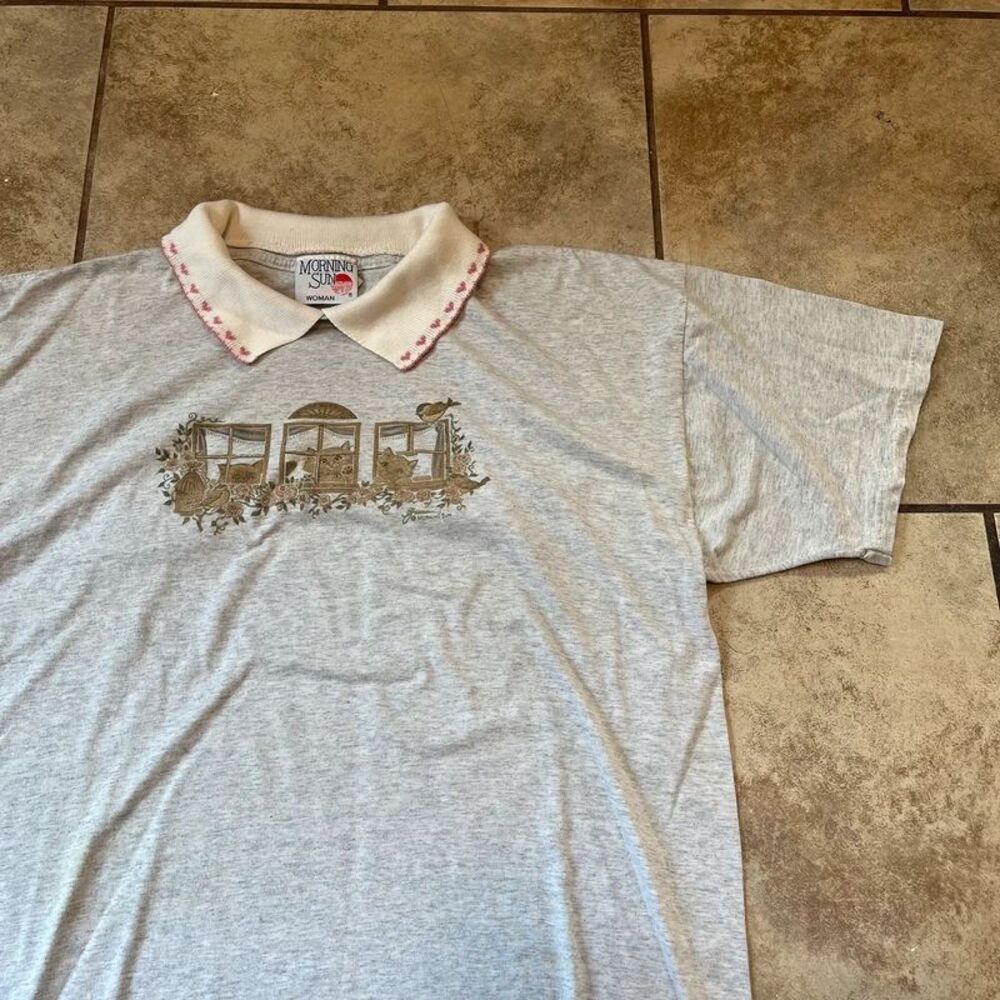 Vintage 90s Morning Sun Woman Birds Country Window Collared T-Shirt 1XL